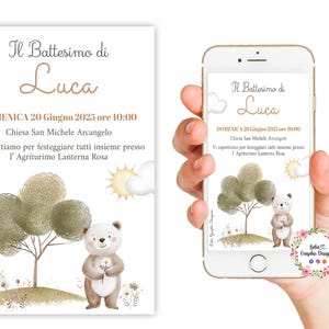 Invito digitale ANIMALI del BOSCO e ORSETTO boho , battesimo bambini, compleanno, comunione, cresima, volpe, cerbiatto, fiori, incantato