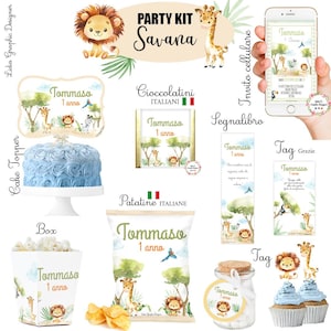 PARTY KIT SAFARI, nascita, compleanno, battesimo, comunione, cresima, bambini, cioccolatini, segnalibri, tag bomboniera, leone, giraffa