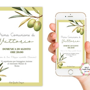 Invito digitale OLIVE, nascita, battesimo, comunione, cresima, party kit, tag bomboniera, segnalibro, etichette olio d'oliva bomboniera