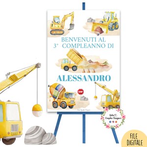 TABLEAU benvenuto, cantiere, veicoli da costruzione, macchine edili, battesimo, compleanno, comunione, party kit cantiere, invito digitale