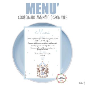MENù CAROSELLO e cavalli, nascita, battesimo, compleanno, comunione, cresima, segnatavolo, tableau, bomboniera, cioccolatini, party kit, blu