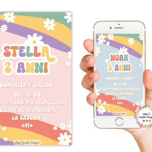 Invito digitale festa ARCOBALENO hippie, Battesimo, primo compleanno, comunione, cresima, bambini, segnalibri, 5 anni, 6 anni, margherite