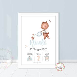 Quadretto nascita ORSETTO e ARCOBALENO con sole, fiori, idea regalo nascita, battesimo, compleanno, fiocco nascita, personalizzato, bambini