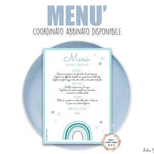 MENù ARCOBALENO azzurro, nascita, battesimo, compleanno, comunione, cresima, segnalibri, bomboniera, cioccolatini, party kit arcobaleno blu