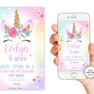 Invito Digitale UNICORNO e ARCOBALENO, nascita, battesimo, festa di compleanno, party kit unicorno, personalizzabile, 1 anno, 2 anni, 3 anni