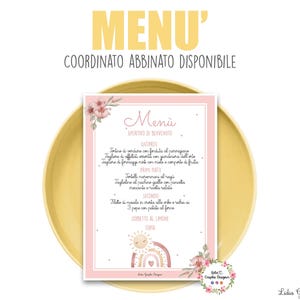 MENù ARCOBALENO boho e sole, fiori, nascita, battesimo, comunione, cresima, segnalibri, tag bomboniera, cioccolatini, party kit arcobaleno