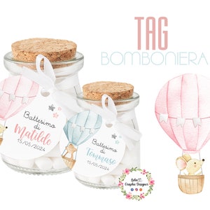 TAG BOMBONIERA animali su mongolfiera, nascita, battesimo, compleanno, cioccolatini, segnalibro matita, scatoline per confetti, party kit