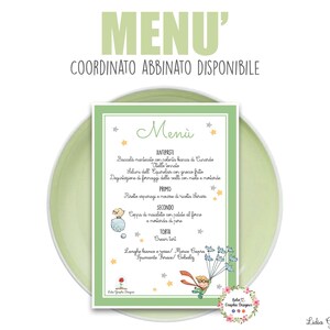 MENù PICCOLO PRINCIPE, nascita, battesimo, compleanno, comunione, cresima, segnatavolo, tableau, bomboniera, cioccolatini, party kit, verde