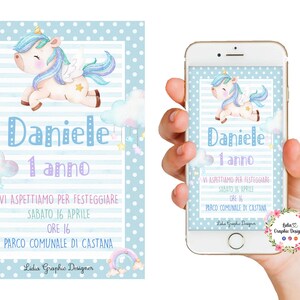 Invito Digitale UNICORNO e ARCOBALENO, nascita, battesimo, festa di compleanno, party kit unicorno, personalizzabile, 1 anno, 2 anni, 3 anni