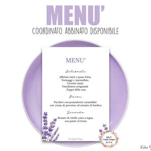 MENù LAVANDA, battesimo, compleanno, comunione, cresima, matrimonio, segnatavolo, tableau, tag bomboniera, segnaposto, cioccolatini