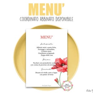 MENù PAPAVERO, battesimo, compleanno, comunione, cresima, matrimonio, segnatavolo, tableau, tag bomboniera, segnaposto, cioccolatini