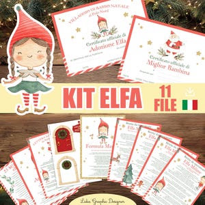 Può includere: Una collezione di stampabili a tema natalizio con un personaggio elfo. Il set include certificati, lettere e altri documenti con bordi rossi e bianchi. Il testo "KIT ELFA" è ben visibile.