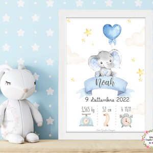 Quadretto nascita, quadretto elefante con palloncino, regalo nascita, quadretto personalizzabile, poter ricordo, battesimo,elefante e stelle