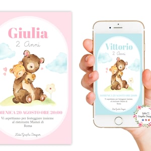 Invito FESTA di compleanno ORSETTO, bambina, bambino, 1 anno, 2 anni, battesimo, comunione, cresima, whatsapp, party kit, invito digitale