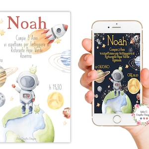 May include: A watercolor invitation with a space theme. The invitation features the name "Noah" and text in Italian, along with illustrations of planets, an astronaut, and a rocket ship. A smartphone displays the same design.