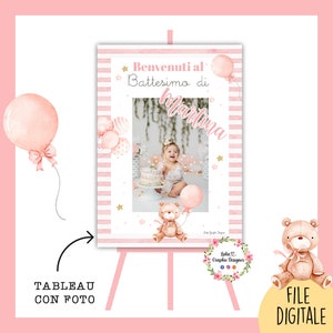 TABLEAU FOTO con ORSETTO palloncini,  nascita, battesimo, compleanno, party kit savana, cioccolatini, segnalibri matita, menù, segnaposto