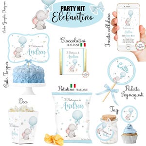 PARTY KIT ELAFANTE con palloncino , nascita, battesimo, compleanno, comunione, cresima, bambini, cioccolatini, segnalibro, matite piantabili