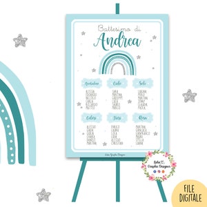 TABLEAU ARCOBALENO blu, battesimo, compleanno, comunione, bambino, segnatavolo, segnaposto, allestimento festa, backdrop, party kit blu