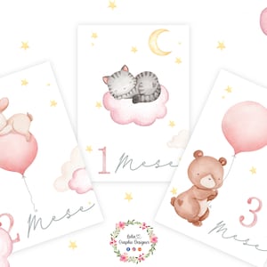 CARD ANIMALI con palloncini, milestone, orsetto, coniglio, mese per mese, idea regalo nascita, quadretto nascita, fiocco nascita, neonato