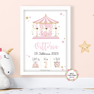 QUADRETTO nascita GIOSTRA CAVALLI o carosello, idea regalo nascita, regalo battesimo, compleanno, fiocco nascita, bambini, natale, rosa