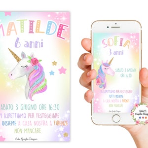 Invito Digitale UNICORNO e ARCOBALENO, nascita, battesimo, festa di compleanno, party kit unicorno, personalizzabile, 1 anno, 2 anni, 3 anni