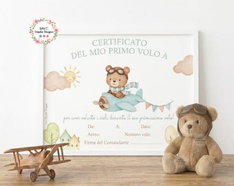 Certificato BATTESIMO dell'ARIA orsetto aviatore personalizzato, Primo volo bambino, ricordo primo viaggio aereo, battesimo del volo, aereo