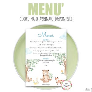 MENù animali del bosco e orso, nascita, battesimo, compleanno, comunione, cresima, segnatavolo, tableau, bomboniera, cioccolatini, party kit