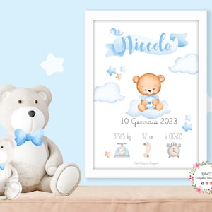 Quadretto nascita Orsetto con palloncino, quadretto bambino, idea regalo nascita per bambino e bambina, battesimo, 1 anno, fiocco nascita