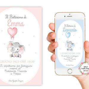 Invito digitale festa ELEFANTINO e palloncino, nascita, battesimo, primo compleanno, cioccolatini, comunione, segnalibri, party kit bambini