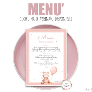 MENù ORSETTO, nascita, battesimo, compleanno, comunione, cresima, segnatavolo, tableau, tag bomboniera, cioccolatini, party kit, invito