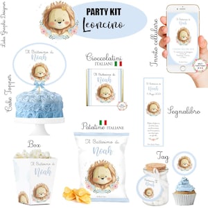 PARTY KIT leone, nascita, battesimo, compleanno, comunione, cresima, bambini, cioccolatini, segnalibro, matite piantabili, tag animali bosco