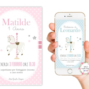 Invito digitale CAROSELLO o giostra cavalli, nascita, battesimo, compleanno, comunione, cresima, bomboniera, segnalibro, cioccolatini,