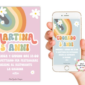 Invito digitale festa ARCOBALENO hippie, Battesimo, primo compleanno, comunione, cresima, bambini, segnalibri, 5 anni, 6 anni, margherite
