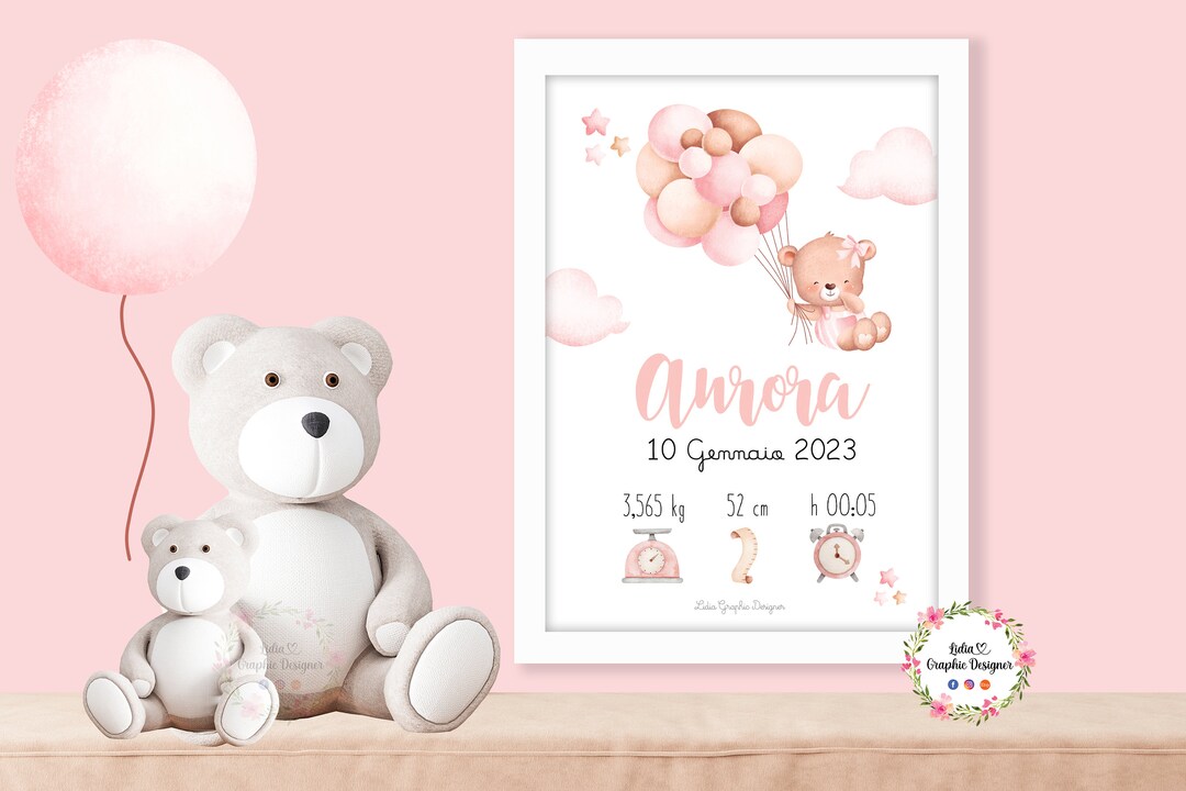 Quadretto nascita Orsetto con palloncino, quadretto bambina