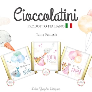 CIOCCOLATINI animali con palloncini, nascita, battesimo, compleanno, segnaposto, bomboniera, party kit orsetto, elefante, giraffa, volpe