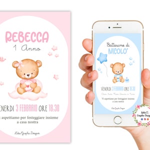 Invito digitale ORSETTO, battesimo, compleanno, comunione, bambino, bambina, quadretto nascita, invito festa compleanno, party kit animali