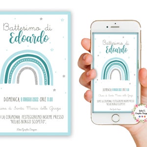 INVITO digitale Arcobaleno blu, nascita, battesimo, festa compleanno, comunione, cresima, party kit arcobaleno, sole, unicorno, bambini