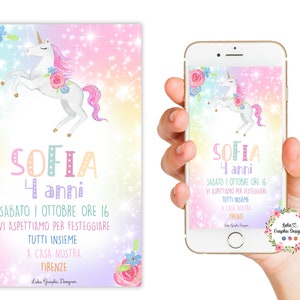 Invito Digitale UNICORNO e ARCOBALENO, nascita, battesimo, festa di compleanno, party kit unicorno, personalizzabile, 1 anno, 2 anni, 3 anni