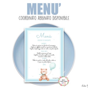 MENù ORSETTO, nascita, battesimo, compleanno, comunione, cresima, segnatavolo, tableau, tag bomboniera, cioccolatini, party kit, invito