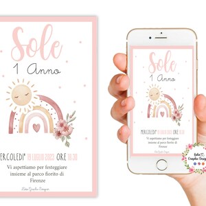 Invito digitale festa ARCOBALENO BOHO e SOLE, nascita, battesimo, compleanno, comunione, cresima, bambina, party kit, rosa, cioccolatini
