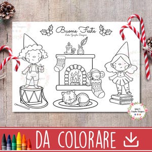 Pagina da colorare Elfi natale, regalo festa vigilia, giochi da tavolo di natale, attività invernale bambini, calendario avvento, stampabile