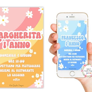 Invito digitale festa ARCOBALENO hippie, Battesimo, primo compleanno, comunione, cresima, bambini, segnalibri, 5 anni, 6 anni, margherite