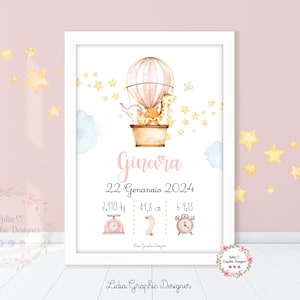 Quadretto nascita MONGOLFIERA con animali, idea regalo nascita, battesimo, compleanno, fiocco nascita, bambini, giraffa, orsetto, elefante