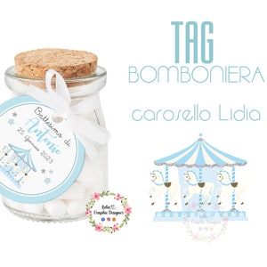 Bigliettino per Bomboniera GIOSTRA CAVALLI, carosello, tag confetti, nascita, battesimo, comunione, cresima, bambino, bambina, segnalibro