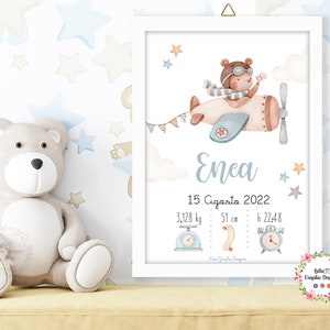 Quadretto nascita Orso, Aereo, animali del bosco, idea regalo, bambino, regalo nascita, party kit, invito digitale, cioccolatini, natale