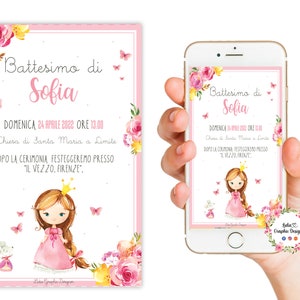 Invito digitale PRINCIPESSA o FATINE dei boschi, battesimo, compleanno, cresima, comunione, bambina, 1 anno, 2 anni, 3 anni, 4 anni, rosa