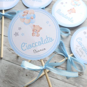 PALETTE SEGNAGUSTO confetti Orsetto e palloncini, nascita, battesimo, compleanno, cioccolatini, segnalibro, scatoline confetti, party kit
