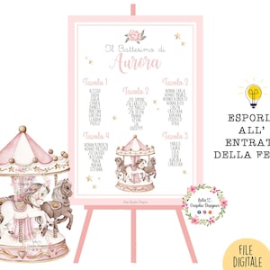 TABLEAU CAROSELLO e giostra cavalli, battesimo, compleanno, comunione, cresima, segnatavolo, segnaposto, cioccolatini, confetti, bomboniere