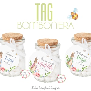 TAG BOMBONIERA coniglio, nascita, battesimo, compleanno, cioccolatini, segnalibro matita, scatoline per confetti, party kit peter