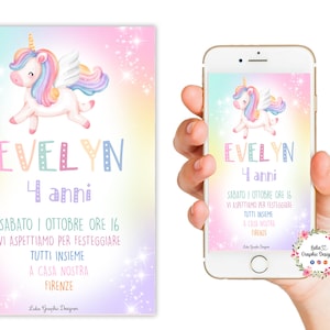 Invito Digitale UNICORNO e ARCOBALENO, nascita, battesimo, festa di compleanno, party kit unicorno, personalizzabile, 1 anno, 2 anni, 3 anni